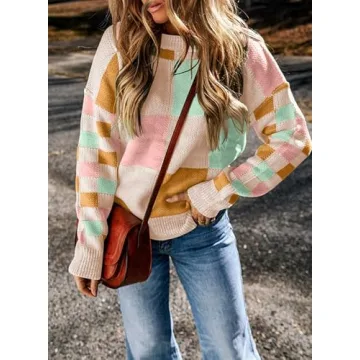 EVALESS Womens Sweaters Fall Outfits Long Sleeve Tops Womens Fashion 2024 Chunky Knit Oversized Pink Sweater Cute Colorblock Pullover Sweater for Women Cozy Teacher Clothes for Women Trendy, Large
