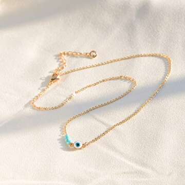 MEVECCO Gold Dainty Evil Eye Choker Necklace,14K Gold Plated Cute Tiny Three Blue Turquoise/Evil Eye Protection Charm Minimalist Choker Necklace for Women