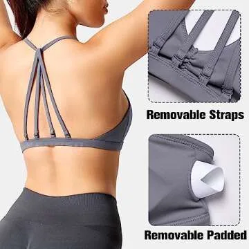 YEOREO Workout Sports Bras for Women Padded Backless Gym Bra Lorelie Light Impact Strappy Criss Cross Yoga Crop Top Blue Gray S