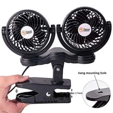 TN TONNY Dual Head Clip Fan, 4 Inches Electric Car Clip Fans 360° Rotatable,12V Cooling Air Fan with Stepless Speed Regulation for Vehicle or Home