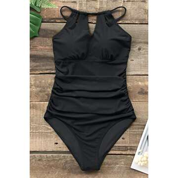 CUPSHE Women's One Piece Swimsuit Tummy Control Cutout High Neck Bathing Suit, M Black