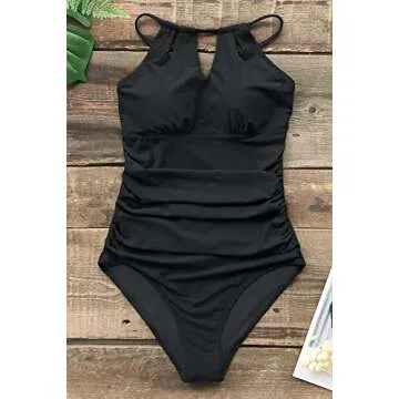 CUPSHE Women's One Piece Swimsuit Tummy Control Cutout High Neck Bathing Suit, M Black