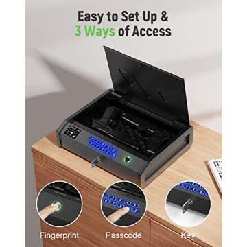 HOLEWOR Gun Safe, Biometric Safes for Pistols with LCD Display of Time Battery, Fingerprint Quick Access Handgun Safe Pistol Bedside, Nightstand, Car, 2 Capacity