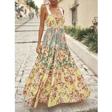 Boho Flowy Summer Dresses Sundresses for Women 2024 Floral Smocked Off Shoulder Tie Strap Tiered Bea...