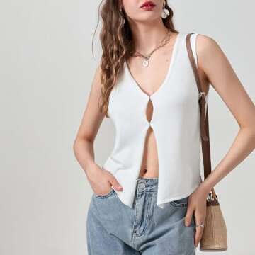 Axupico Womens Knitted Vest Top Y2k Crochet Crop Tops Sleeveless V Neck Front Button Solid Tank Top Streetwear (Sweater V Neck Vest White, Small)