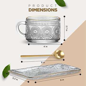 Vintage Glass Coffee Mugs - 14 Oz Embossed Tea Cups with One Stirring Spoon and Plate, Perfect for Cappuccino, Latte, Cereal, Yogurt, Beverage Hot/Cold (Golden Lip) - Includes 1 cup, 1 spoon, 1 plate