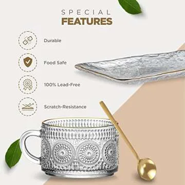 Vintage Glass Coffee Mugs - 14 Oz Embossed Tea Cups with One Stirring Spoon and Plate, Perfect for Cappuccino, Latte, Cereal, Yogurt, Beverage Hot/Cold (Golden Lip) - Includes 1 cup, 1 spoon, 1 plate