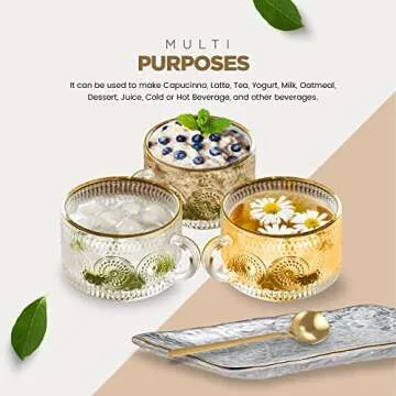 Vintage Glass Coffee Mugs - 14 Oz Embossed Tea Cups with One Stirring Spoon and Plate, Perfect for Cappuccino, Latte, Cereal, Yogurt, Beverage Hot/Cold (Golden Lip) - Includes 1 cup, 1 spoon, 1 plate