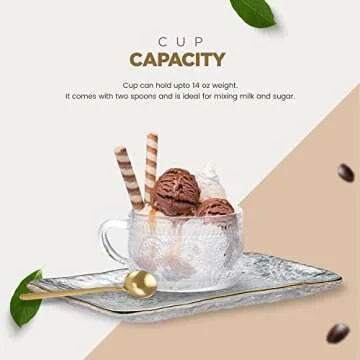 Vintage Glass Coffee Mugs - 14 Oz Embossed Tea Cups with One Stirring Spoon and Plate, Perfect for Cappuccino, Latte, Cereal, Yogurt, Beverage Hot/Cold (Golden Lip) - Includes 1 cup, 1 spoon, 1 plate