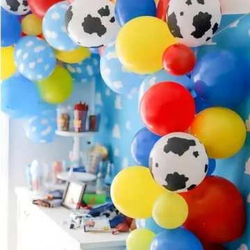 60Pcs 12inch Toy Inspired Story Balloons Kit Cow Pattern Cloud Yellow Red Blue Green Latex Balloons for Kids Toy Inspired Story Theme Birthday Party Supplies Decorations