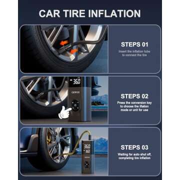 Tire Inflator Portable Air Compressor, CKWUE 180PSI Cordless Air Compressor, 6X Faster Air Pump with Digital Pressure Gauge, Tire Pump with Dual Mode Inflation for Car, Motorcycle, Bicycle and Ball
