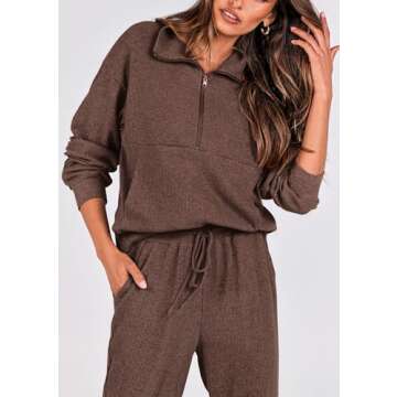 PRETTYGARDEN Womens 2 Piece Sweatsuits Set Long Sleeve Half Zip Pullover Sweatshirt Joggers Sweatpants Fall Outfits Tracksuit (Coffee,X-Large)