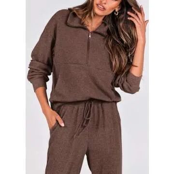 PRETTYGARDEN Womens 2 Piece Sweatsuits Set Long Sleeve Half Zip Pullover Sweatshirt Joggers Sweatpants Fall Outfits Tracksuit (Coffee,X-Large)
