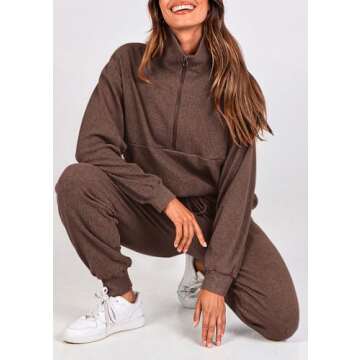 PRETTYGARDEN Womens 2 Piece Sweatsuits Set Long Sleeve Half Zip Pullover Sweatshirt Joggers Sweatpants Fall Outfits Tracksuit (Coffee,X-Large)