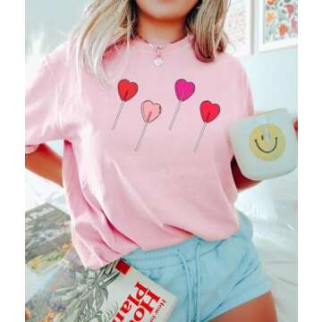 Valentines Shirts for Women Cute Love Heart Graphic Tees Short Sleeve Teacher Gift Tops(Lollipop, L)