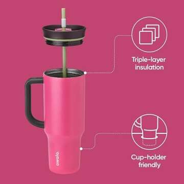 Owala Stainless Steel Triple Layer Insulated Travel Tumbler with Spill Resistant Lid, Straw, and Carry Handle, BPA Free, 40 oz, Pink (Watermelon Breeze)