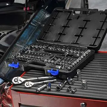 EPAuto 69 Pieces - 1/4" & 3/8" Drive Socket Set with Pear Head Ratchet, Chrome (92-824)