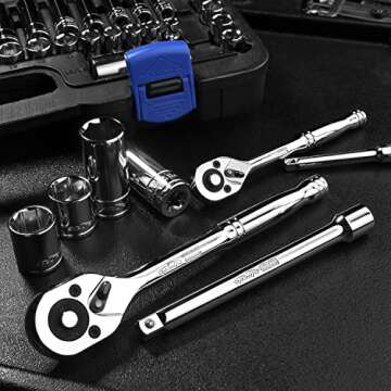 EPAuto 69 Pieces - 1/4" & 3/8" Drive Socket Set with Pear Head Ratchet, Chrome (92-824)