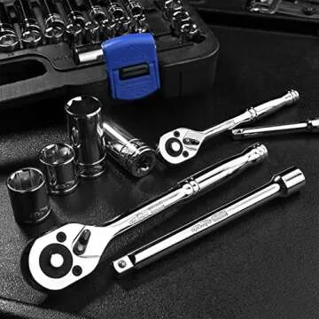 EPAuto 69 Pieces - 1/4" & 3/8" Drive Socket Set with Pear Head Ratchet, Chrome (92-824)