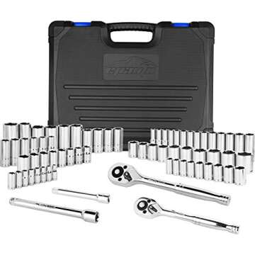EPAuto 69 Pieces - 1/4" & 3/8" Drive Socket Set with Pear Head Ratchet, Chrome (92-824)