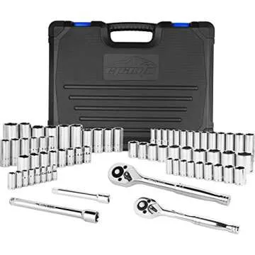 EPAuto 69 Pieces - 1/4" & 3/8" Drive Socket Set with Pear Head Ratchet, Chrome (92-824)