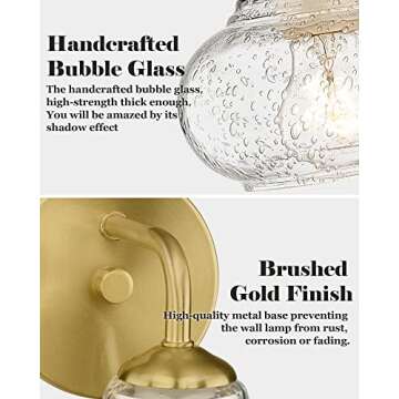 ELYONA Gold Bubble Glass Wall Sconces, Modern Bathroom Vanity Light Fixtures, Industrial Wall Mount Lamps for Farmhouse Bedroom Kitchen Living Room Hallway, Vintage Brushed Gold, 2 Pack