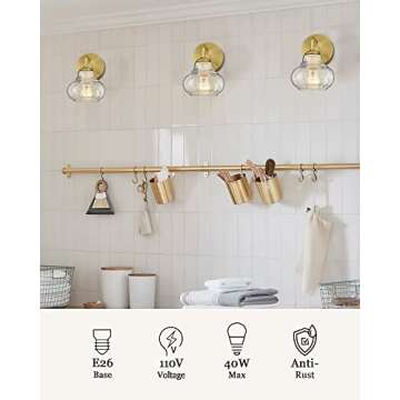 ELYONA Gold Bubble Glass Wall Sconces, Modern Bathroom Vanity Light Fixtures, Industrial Wall Mount Lamps for Farmhouse Bedroom Kitchen Living Room Hallway, Vintage Brushed Gold, 2 Pack