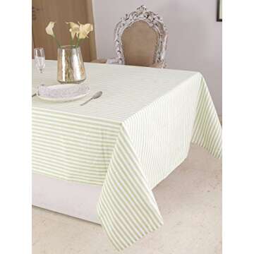 Cotton Rectangular Table Cloth (60 x 120 Inches), Green & White Stripe - Perfect For Spring, Summer, Holidays - Christmas And For Everyday Use