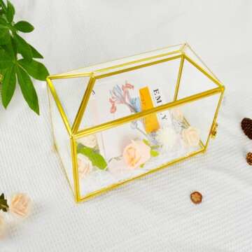 YIMORENCE V Gold Wedding Glass Card Box – 12.6 inch Large Wedding Card Holder Handmade Gold Glass Terrarium with Slot and Heart Lock