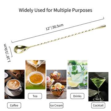 Mixing Spoons (2022 New), 12 Inch Bar Spoons, Stainless Steel Spiral Long Handle Tall Spoon, Bartender Whiskey Cocktail Shaker Spoons, Drink Stirring Blending Spoons, Gold 2pcs