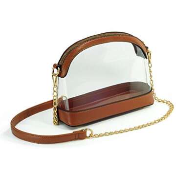 Clear Cross Body Bag with Vegan Leather Trim Stadium Approved Women Shoulder Handbag (Brown)