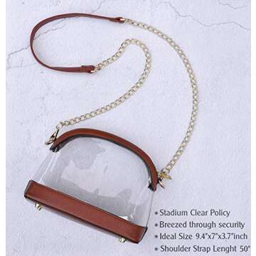 Clear Cross Body Bag with Vegan Leather Trim Stadium Approved Women Shoulder Handbag (Brown)