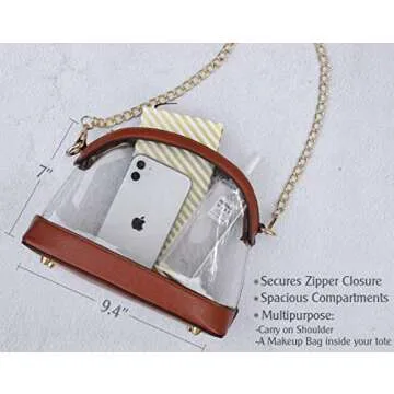 Clear Cross Body Bag with Vegan Leather Trim Stadium Approved Women Shoulder Handbag (Brown)