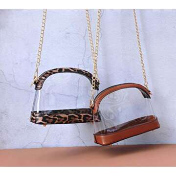 Clear Cross Body Bag with Vegan Leather Trim Stadium Approved Women Shoulder Handbag (Brown)