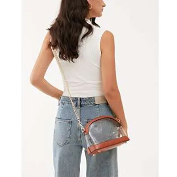 Clear Cross Body Bag with Vegan Leather Trim Stadium Approved Women Shoulder Handbag (Brown)