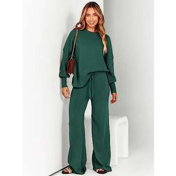 ANRABESS Women 2 Piece Outfits Oversized Chunky Knit Sweater Top Wide Leg Pants 2024 Fall Lounge Set Trendy Cozy Clothes Green Small