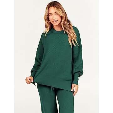 ANRABESS Women 2 Piece Outfits Oversized Chunky Knit Sweater Top Wide Leg Pants 2024 Fall Lounge Set Trendy Cozy Clothes Green Small