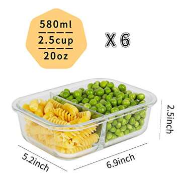 Bayco 6 Pack Glass Meal Prep Containers 2 Compartment, Glass Food Storage Containers with Lids, Airt...