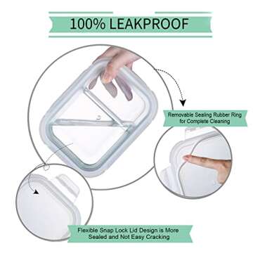 Bayco 6 Pack Glass Meal Prep Containers 2 Compartment, Glass Food Storage Containers with Lids, Airtight Glass Lunch Bento Boxes, BPA-Free & Leak Proof (6 lids & 6 Containers)