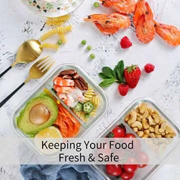 Bayco 6 Pack Glass Meal Prep Containers 2 Compartment, Glass Food Storage Containers with Lids, Airtight Glass Lunch Bento Boxes, BPA-Free & Leak Proof (6 lids & 6 Containers)