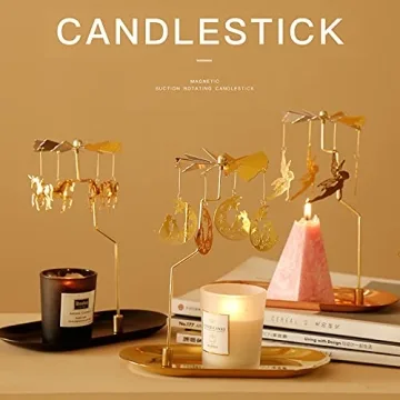 Creahaus Spinning Candle Holder with Tray, Glod Carousel Candle Spinner, Rotating Metal Tea Light Candle Holder for Table Centerpiece, Christmas, Valentine's Day, Party Decor, Gift (Gold Carousel)
