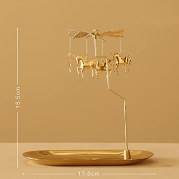 Creahaus Spinning Candle Holder with Tray, Glod Carousel Candle Spinner, Rotating Metal Tea Light Candle Holder for Table Centerpiece, Christmas, Valentine's Day, Party Decor, Gift (Gold Carousel)
