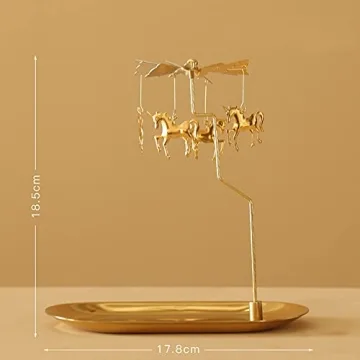 Creahaus Spinning Candle Holder with Tray, Glod Carousel Candle Spinner, Rotating Metal Tea Light Candle Holder for Table Centerpiece, Christmas, Valentine's Day, Party Decor, Gift (Gold Carousel)
