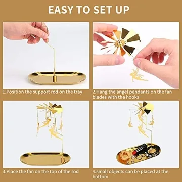 Creahaus Spinning Candle Holder with Tray, Glod Carousel Candle Spinner, Rotating Metal Tea Light Candle Holder for Table Centerpiece, Christmas, Valentine's Day, Party Decor, Gift (Gold Carousel)