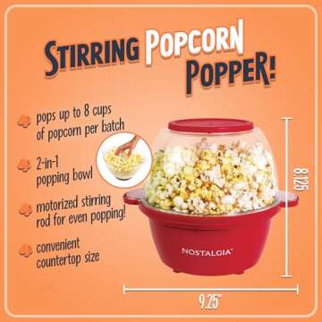 Nostalgia 2-Quart Stirring Popcorn Popper - Quick-Heat Technology - Makes 8 Cups of Popcorn - Includ...