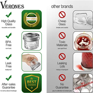 VERONES Mason/Canning Jars, 4 OZ Jelly Jars With Regular Lids and Bands, Ideal for Jam, Honey, Wedding/Shower Favors, DIY Spice Jars, 16 PACK, Extra 16 Lids