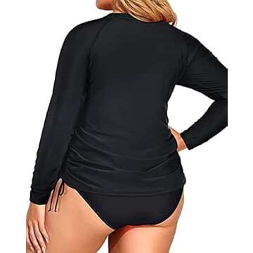Holipick Black Women 2 Piece Plus Size Zip Front Long Sleeve Rash Guard UPF 50+ Bulid in Bra Swim Shirt with Bottom 20W