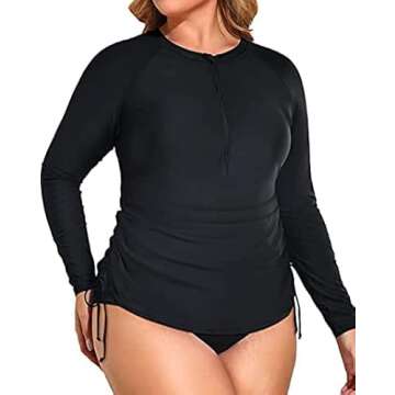 Holipick Black Women 2 Piece Plus Size Zip Front Long Sleeve Rash Guard UPF 50+ Bulid in Bra Swim Shirt with Bottom 20W