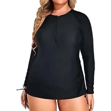 Holipick Black Women 2 Piece Plus Size Zip Front Long Sleeve Rash Guard UPF 50+ Bulid in Bra Swim Shirt with Bottom 20W
