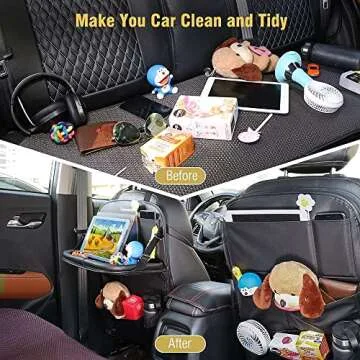 Tsumbay Car Backseat Organizer with Tablet Holder,9 Storage Pockets Foldable Table Tray Seat Back Protectors Kick Mats -PU Leather 1Pck